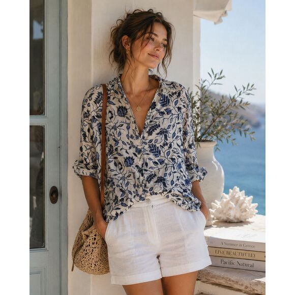 Rachel Zoe Tops - Linen Floral Shirt Coastal Chic Boho Resort Blouse Blue White Euro Summer Top